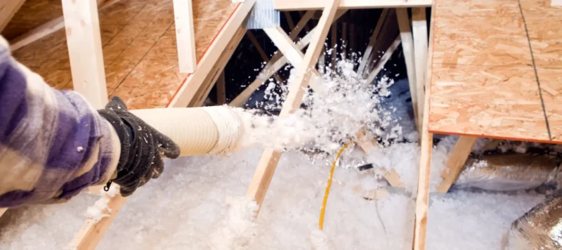 worker spraying blown fiberglass insulation between attic trusses