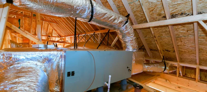 Large HVAC unit with silver insulated ducts installed in a wooden attic with exposed beams and plywood walls, showcasing ventilation infrastructure in a residential home.