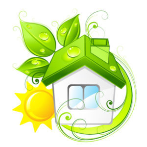 a cartoon graphic of an energy efficient home with leaves and the sun