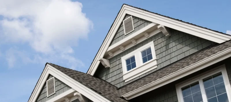 Gable roof house with gray shingle siding, white trim, small white-framed windows, and blue sky with some clouds in the background.