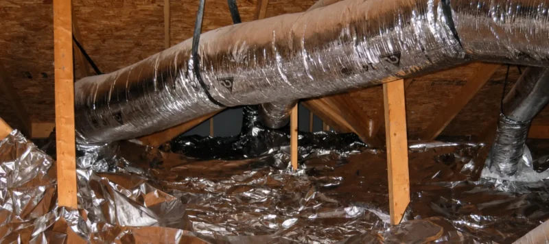 Attic with exposed wooden beams, shiny insulation material covering the floor, and large HVAC ductwork wrapped in reflective foil insulation running through the space.
