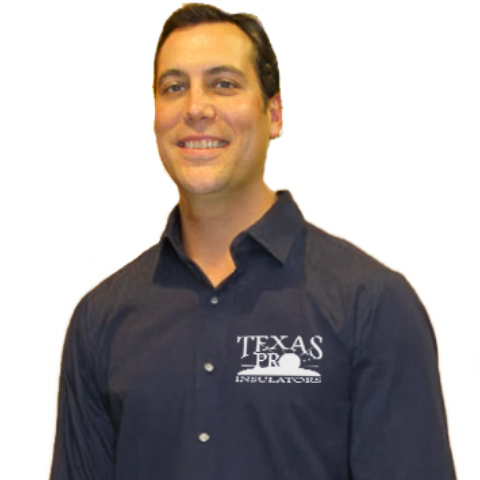 A man smiling, wearing a dark button-up shirt with the Texas Pro Insulators logo, standing against a plain white background.