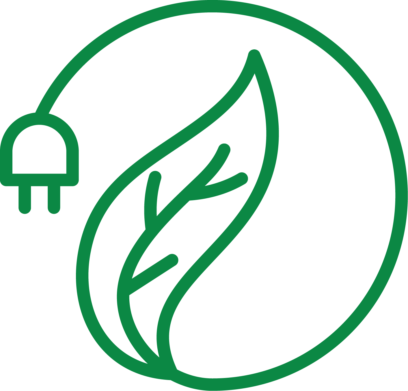 Green outline of a leaf with a power plug connected by a curved line, symbolizing eco-friendly or renewable energy.