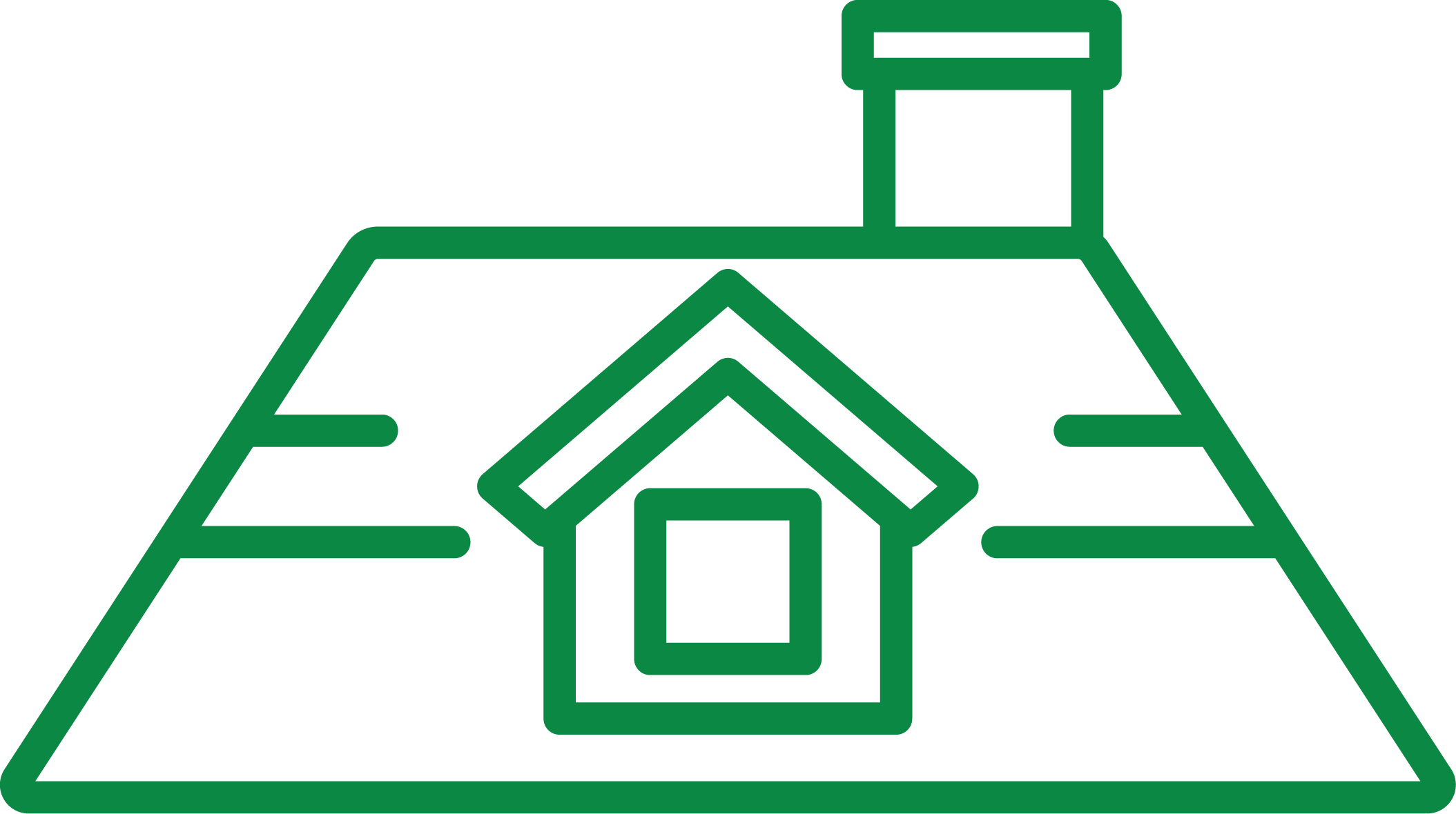 A simple green line drawing of a house with a central chimney and a window on the front, viewed from an angled perspective.