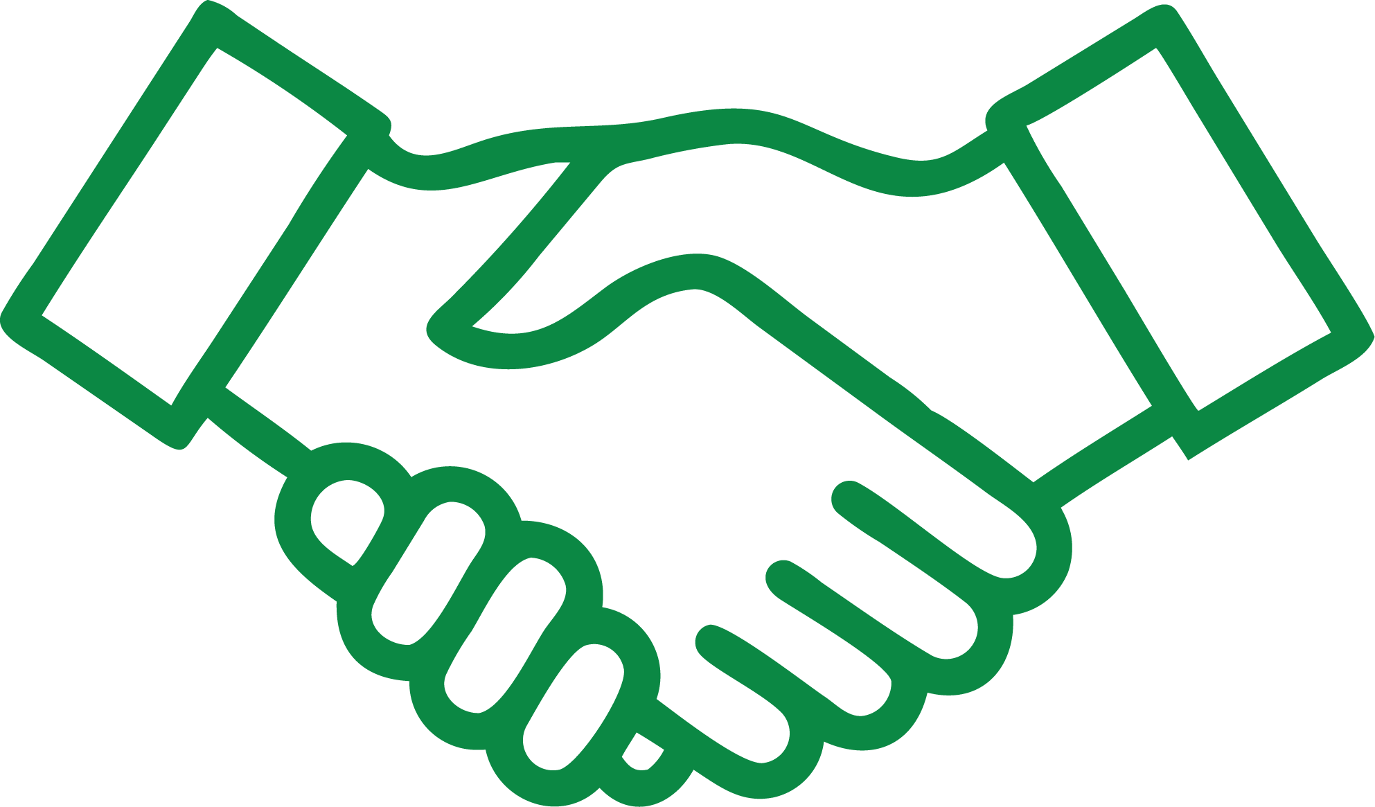 A simple green outline drawing of two hands shaking, symbolizing agreement, partnership, or cooperation.