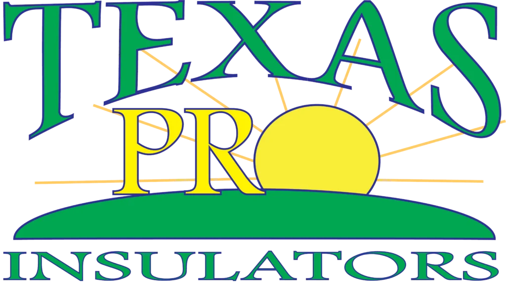 Logo for Texas Pro Insulators, with TEXAS in green and blue, PRO in yellow over a sun, green hill, and INSULATORS in blue below. Sun rays extend from the yellow sun.