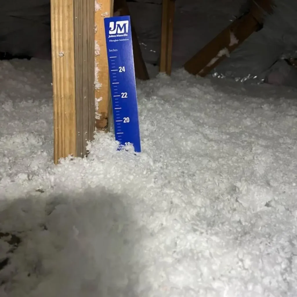 A blue ruler marked with JM stands upright in fluffy white attic insulation near a wooden beam, showing a depth measurement of about 24 inches.