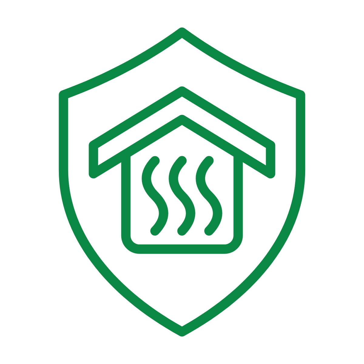 Green outline of a shield containing a house with three wavy lines inside, symbolizing indoor air or heating, on a white background.