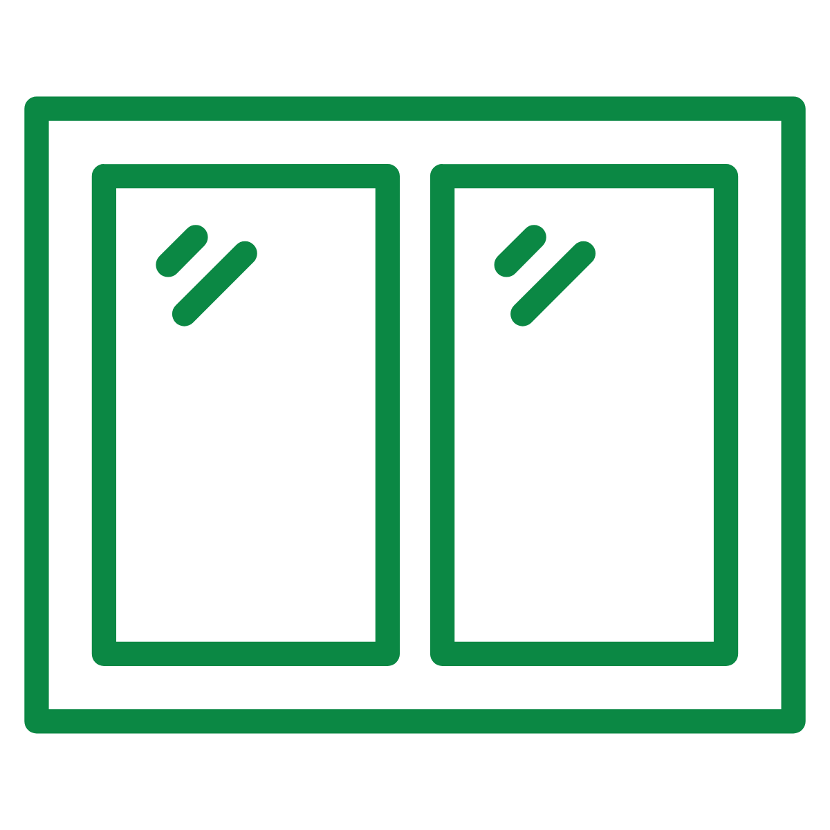 Green icon of a window with two panes, each with two diagonal lines representing reflections, on a white background.