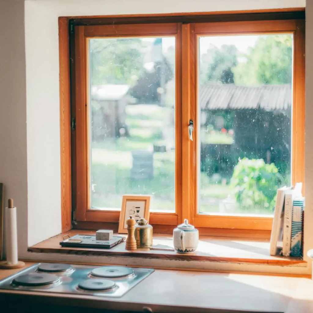 A sunlit kitchen window with a wooden frame overlooks a green yard. The windowsill holds a blue teapot, books, framed photos, a pepper grinder, and a small bottle. A stovetop is visible in the foreground.
