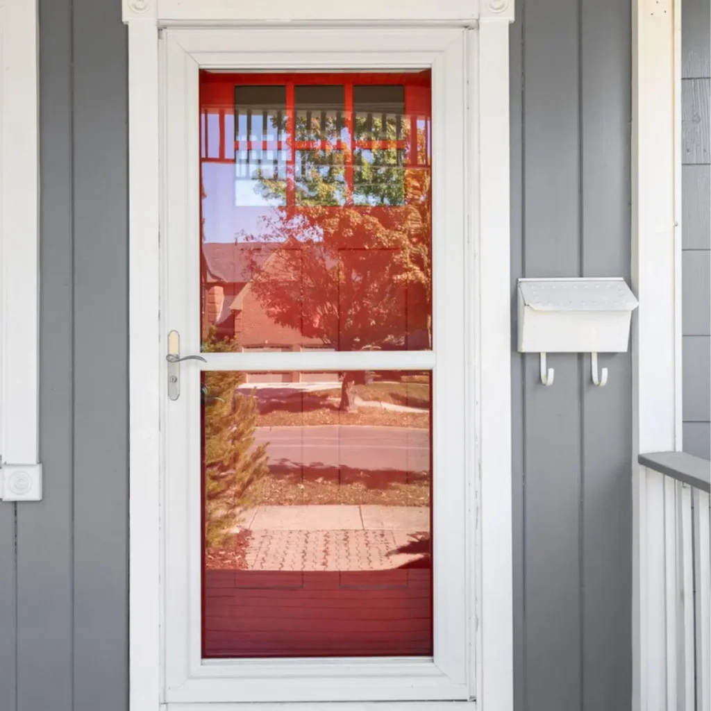 A glass storm door with a red tint reflects a tree, house, and a brick walkway. The door is framed in white, set in gray siding, next to a white mailbox and hooks.